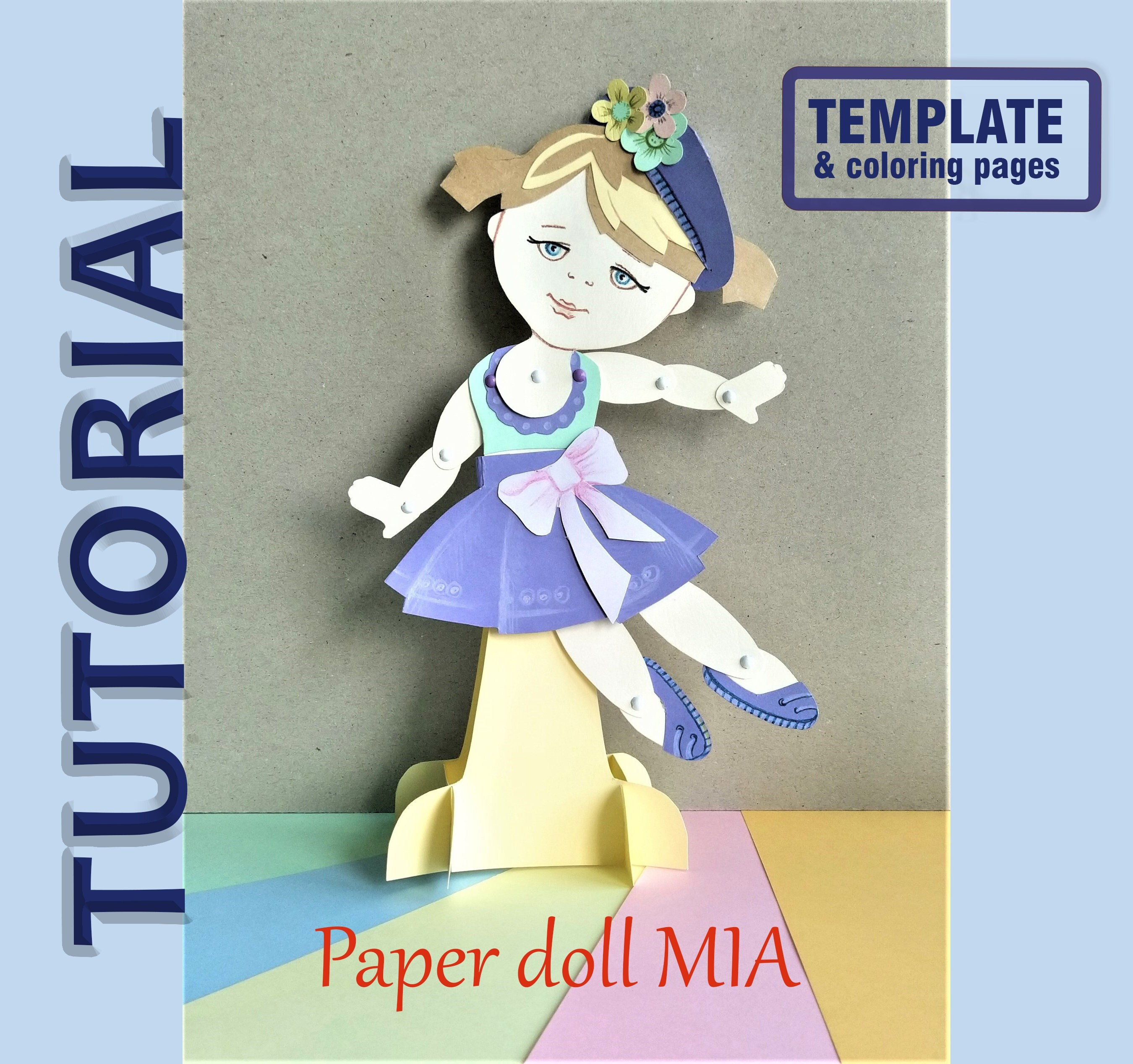 DIY Jointed paper doll with doll stand. Articulated paper doll template PDF. Dress up doll tutorial. paper doll coloring sheets.