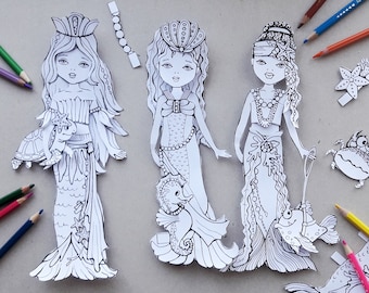 Paper doll coloring sheets PDF Mermaids Add-on for the Cute Sisters Collection (doll sold separately) Paper doll mermaid outfit