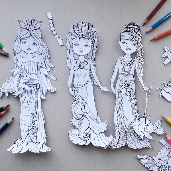 Paper doll coloring sheets PDF Mermaids Add-on for the Cute Sisters Collection (doll sold separately) Paper doll mermaid outfit