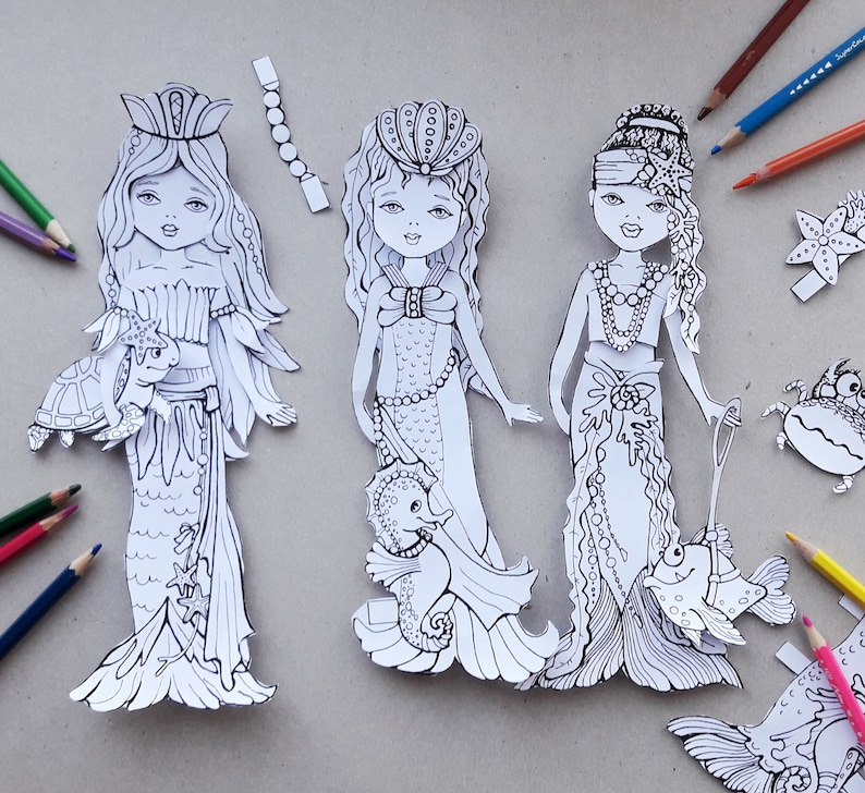 Paper Doll Coloring Sheets PDF Mermaids Addon for the Cute Sisters