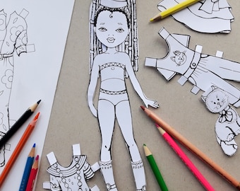 Digital paper doll coloring pages African paper doll Cute Sisters Collection PDF paper doll printable Dress up coloring sheets