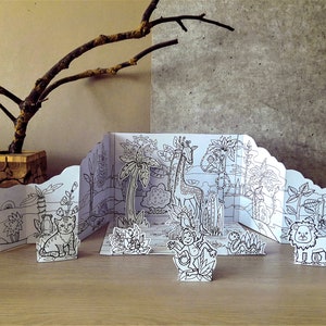 Páginas para colorir de cartão pop-up da selva Diorama de berçário da selva para imprimir Teatro de papel de faz de conta. Páginas para colorir 3D. Chá de bebê da selva.