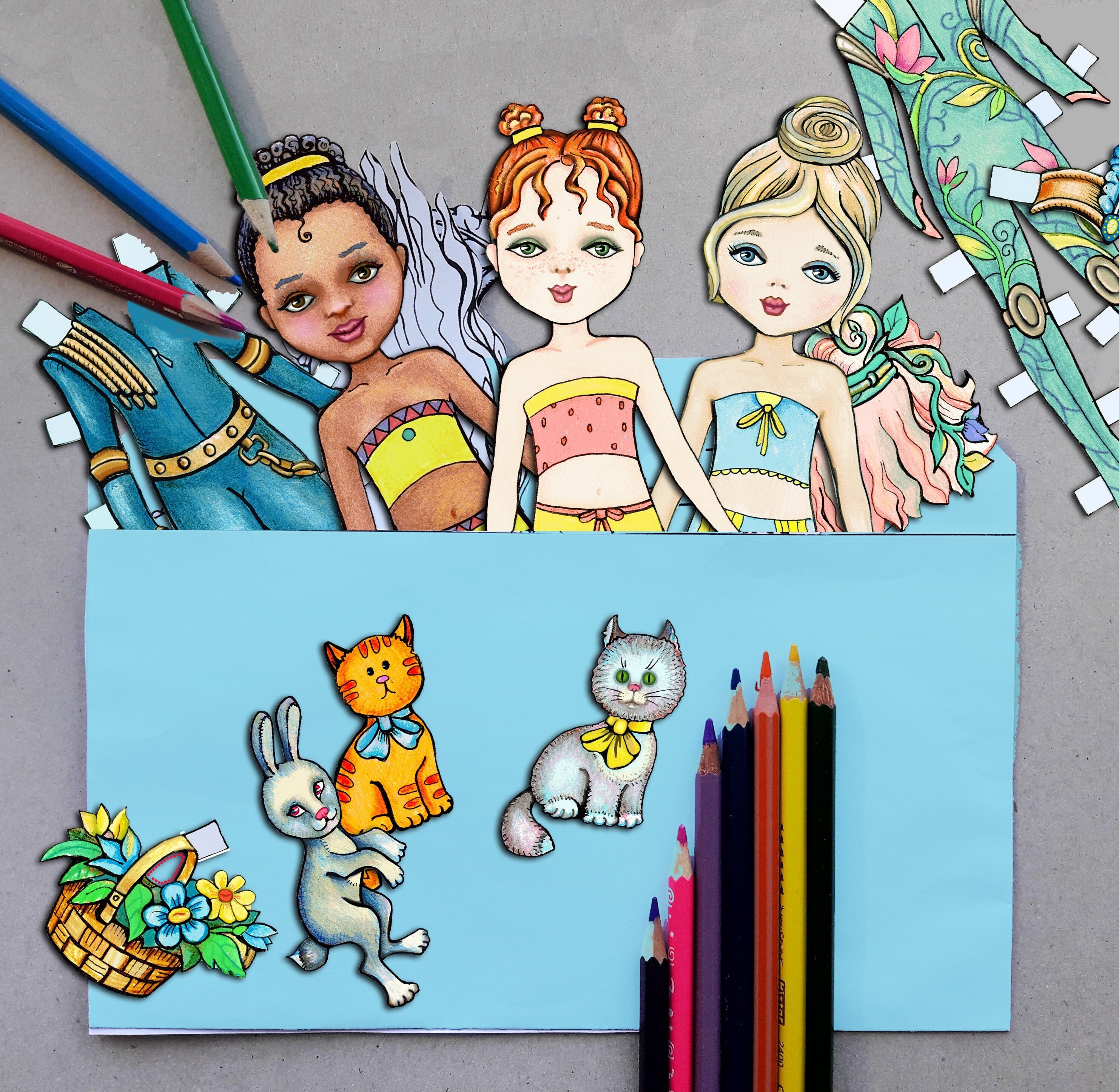Digital Paper Dolls Printable. Set of 3 Dolls With Clothes. Cute Princess. Woodland Fairy. Black ...