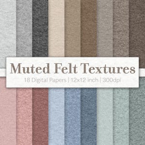 Könnte beinhalten: Eine Sammlung von 18 digitalen Papieren mit gedämpften Filztexturen in verschiedenen Farben, darunter Grau-, Beige-, Braun-, Rosa- und Blautöne. Jedes Papier misst 30,48 x 30,48 cm.