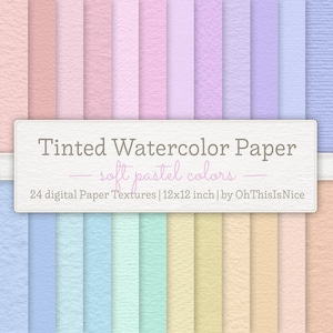 May include: A collection of 24 digital watercolor paper textures in soft pastel colors. Each paper is 12x12 inches, with a variety of hues including pink, purple, blue, and yellow. The image features the text "Tinted Watercolor Paper" and "soft pastel colors".