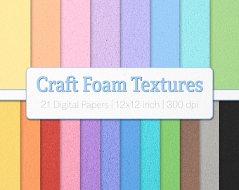 Puede incluir: Una colección de 21 papeles digitales con texturas de espuma para manualidades en varios colores incluyendo amarillo, naranja, rojo, rosa, morado, azul, verde, marrón, gris y negro. La imagen incluye el texto Craft Foam Textures 21 Digital Papers 12x12 inch 300 dpi.