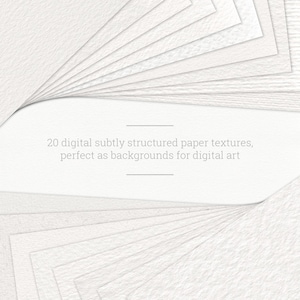 May include: A collection of white paper sheets arranged in a fan shape, each displaying a unique subtle texture. The central area features the text: 20 digital subtly structured paper textures, perfect as backgrounds for digital art.