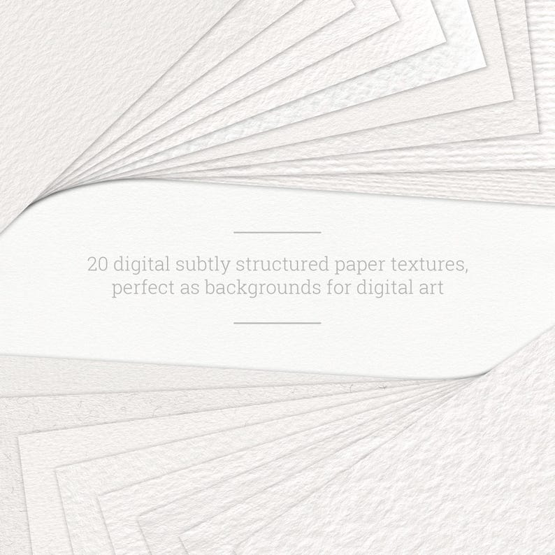 May include: A collection of white paper sheets arranged in a fan shape, each displaying a unique subtle texture. The central area features the text: 20 digital subtly structured paper textures, perfect as backgrounds for digital art.