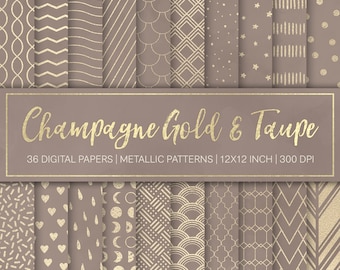 36 Metallic Champagne Gold Patterns on Vintage Taupe Background | Digital Paper | Textures | High Resolution, hand drawn | Instant Download