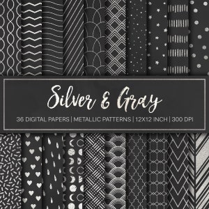 May include: A collection of 36 digital papers featuring silver and gray metallic patterns on a dark background. The set includes geometric shapes, stars, hearts, dots, and lines. The text reads Silver & Gray 36 DIGITAL PAPERS | METALLIC PATTERNS | 12X12 INCH | 300 DPI.