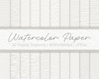 May include: A collection of 20 white digital watercolor paper textures featuring various grain patterns and surface finishes. The image includes the text Watercolor Paper 20 Digital Textures | 3600x3600px | JPEGs displayed across the center.