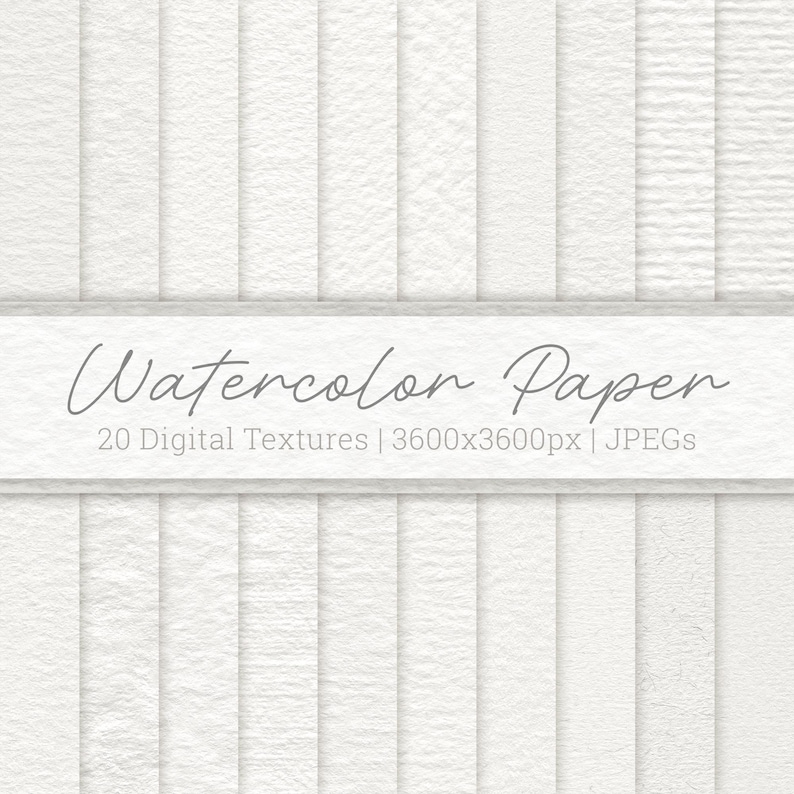 May include: A collection of 20 white digital watercolor paper textures featuring various grain patterns and surface finishes. The image includes the text Watercolor Paper 20 Digital Textures | 3600x3600px | JPEGs displayed across the center.