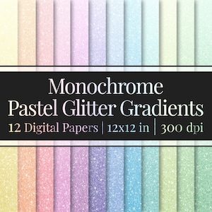 May include: Twelve digital papers featuring a gradient of pastel glitter colours. Each paper is 12x12 inches and 300 dpi.  Monochrome Pastel Glitter Gradients.