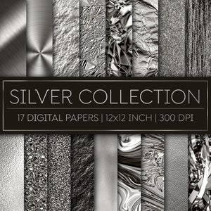 May include: A digital paper pack featuring 17 different silver textures. The pack includes a variety of silver textures, including brushed metal, foil, and crumpled foil. The pack is 12x12 inches and 300 DPI.