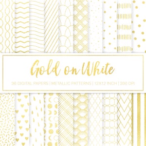 Puede incluir: Un conjunto de 36 papeles digitales con patrones metálicos dorados sobre un fondo blanco. Los patrones incluyen formas geométricas, estrellas, corazones y más. Los papeles son de 30,5 x 30,5 cm y 300 DPI.