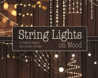 12 Festive Romantic Digital Papers | Cozy String Lights on brown Wood Texture | Christmas, Background, Backdrop, Glow | Instant Download
