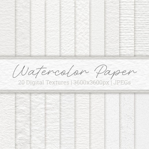 Könnte beinhalten: Eine Sammlung von 20 weißen digitalen Aquarellpapier-Texturen, die in vertikalen Streifen angeordnet sind. Das Bild enthält den Text "Watercolor Paper", gefolgt von "20 Digital Textures | 3600x3600px | JPEGs" mittig platziert.
