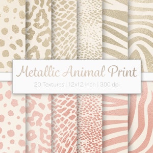 Pode incluir: Uma coleção de 20 texturas digitais com estampas animais metálicas em tons de dourado e ouro rosa sobre um fundo creme. A imagem exibe padrões de leopardo, cobra, guepardo e zebra com o texto Metallic Animal Print 20 Textures 12x12 inch 300 dpi.