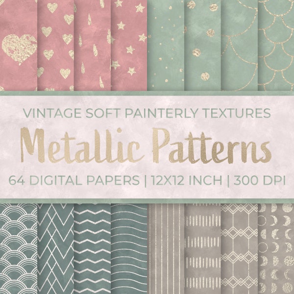 64 Digital Papers | Metallic Patterns on Vintage Painterly Textures | High Resolution, Hand Painted, Background | Instant Download