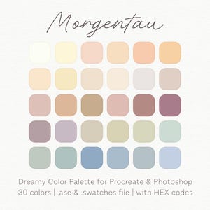 May include: A digital color palette titled "Morgentau" with 30 soft, pastel colors arranged in a grid. The palette is designed for Procreate and Photoshop, including .ase and .swatches files, and HEX codes. The colors range from pale yellows and pinks to muted blues and purples.