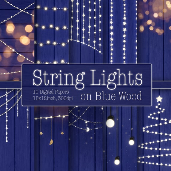 Funkelnde Lichterketten auf blauer Holztextur, Digital Papers, Texturen, Hintergrund
