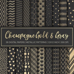 May include: A set of 36 digital papers featuring metallic gold and gray patterns. The patterns include geometric shapes, stars, hearts, and more. The papers are 12x12 inches and 300 DPI.