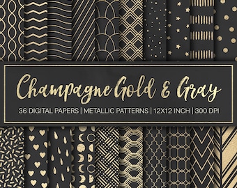Op de afbeelding: Een collectie van 36 digitale papieren met champagnekleurige metallic patronen op een donkergrijze achtergrond. De ontwerpen bevatten geometrische vormen, sterren, harten, manen, stippen en lijnen. Tekst: Champagne Gold & Gray, 36 DIGITAL PAPERS | METALLIC PATTERNS | 12X12 INCH | 300 DPI.