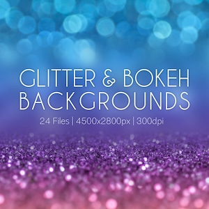 May include: A collection of 24 digital backgrounds featuring a blurred bokeh effect with a glittery texture. The backgrounds are in shades of blue, purple, and pink.  24 Files | 4500x2800px | 300dpi
