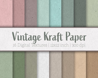 May include: A collection of 16 digital textures featuring vintage kraft paper in various muted colors including pink, gray, teal, green, and tan. A white horizontal banner across the center displays the text Vintage Kraft Paper 16 Digital Textures 12x12 inch 300 dpi.