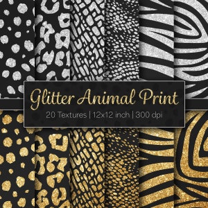 Glitter Animal Print Patterns on Black Background | 20 Digital Papers | Textures | Gold, Silver, 12x12 inch | Instant Download