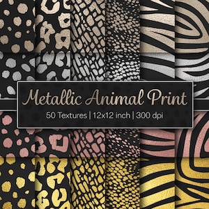 Metallic dierenprintpatronen op zwart, 50 glanzende texturen, 30 x 30 cm, 3600x3600px, 300dpi