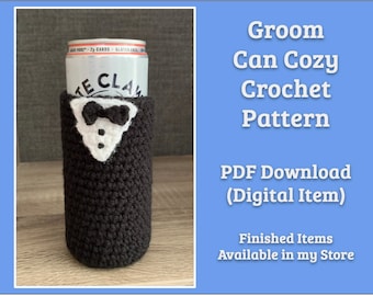 CROCHET PATTERN: Groom Crochet Tuxedo Can Coolie. Cozy gift for wedding, bachelor/bachelorette party, engagement. Slim cans and bottles.
