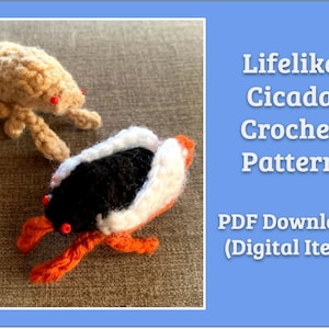 May include: Two crocheted cicadas, one tan and one black, white, and orange, with red eyes. The image includes text that reads "Lifelike Cicada Crochet Pattern" and "PDF Download (Digital Item)".