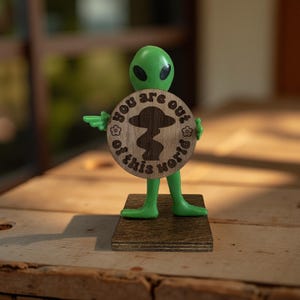May include: Green alien figurine holding a round wooden sign that says "You are out of this world".