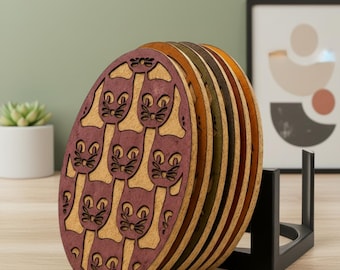 Cat Cork Coaster Set of 6 with Holder - Colorful Whimsical Kitten Drink Mats - Cute Cat Lover Gift, Housewarming, Eco Decor