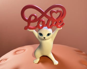 Sassy Cat Figurine Holding Love Sign Infinity Heart Statue Funny Valentine's Day Gift for Cat Lovers Cute Desk Decor & Meme Art