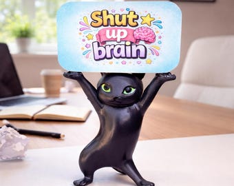 Mental Health Gift Anxiety Awareness Miniature Cat Figurine Desk Accessory Office Wellness Statue Motivational Message Sign Inspirational