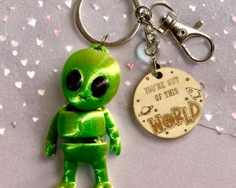 Alien Keychain: Engraved Wooden Sign, Flexi Fidget Toy