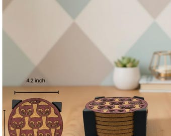 Cat Cork Coasters: Drink Mat Set with Holder, Feline Lover Gift