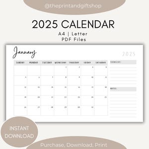 Calendario 2025 Descarga digital, Imprimible, Organización mensual del calendario minimalista, Tareas de año nuevo, Sección de notas A4 Carta PNG instantáneo