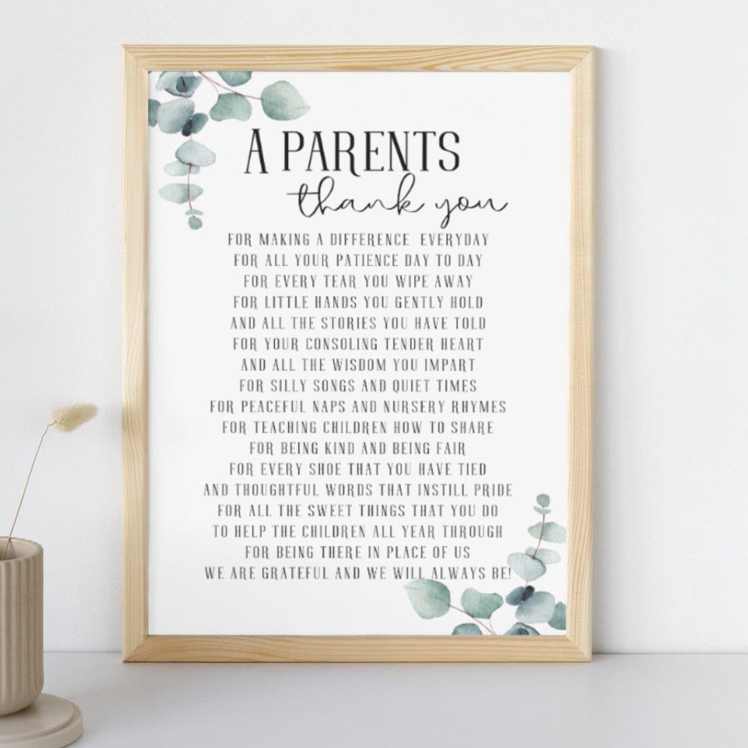 A Parents Thank You Printable Nursery Teachers Teaching Printable Gift Appreciation End of School Gift Digital Leaving Present Teacher Day