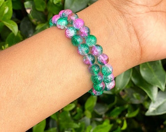 Pink and Green Bracelet || Glass Bead Bracelet || 8mm