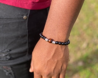 Mens Bead Bracelet || 8mm Black Jasper Beads || Wood Bracelet || Black Men's Bracelet || Silver Spacer