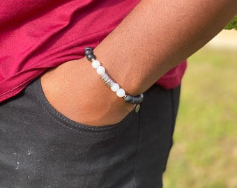 Mens Beaded Bracelet || Striped Agate Black Beads || 8mm