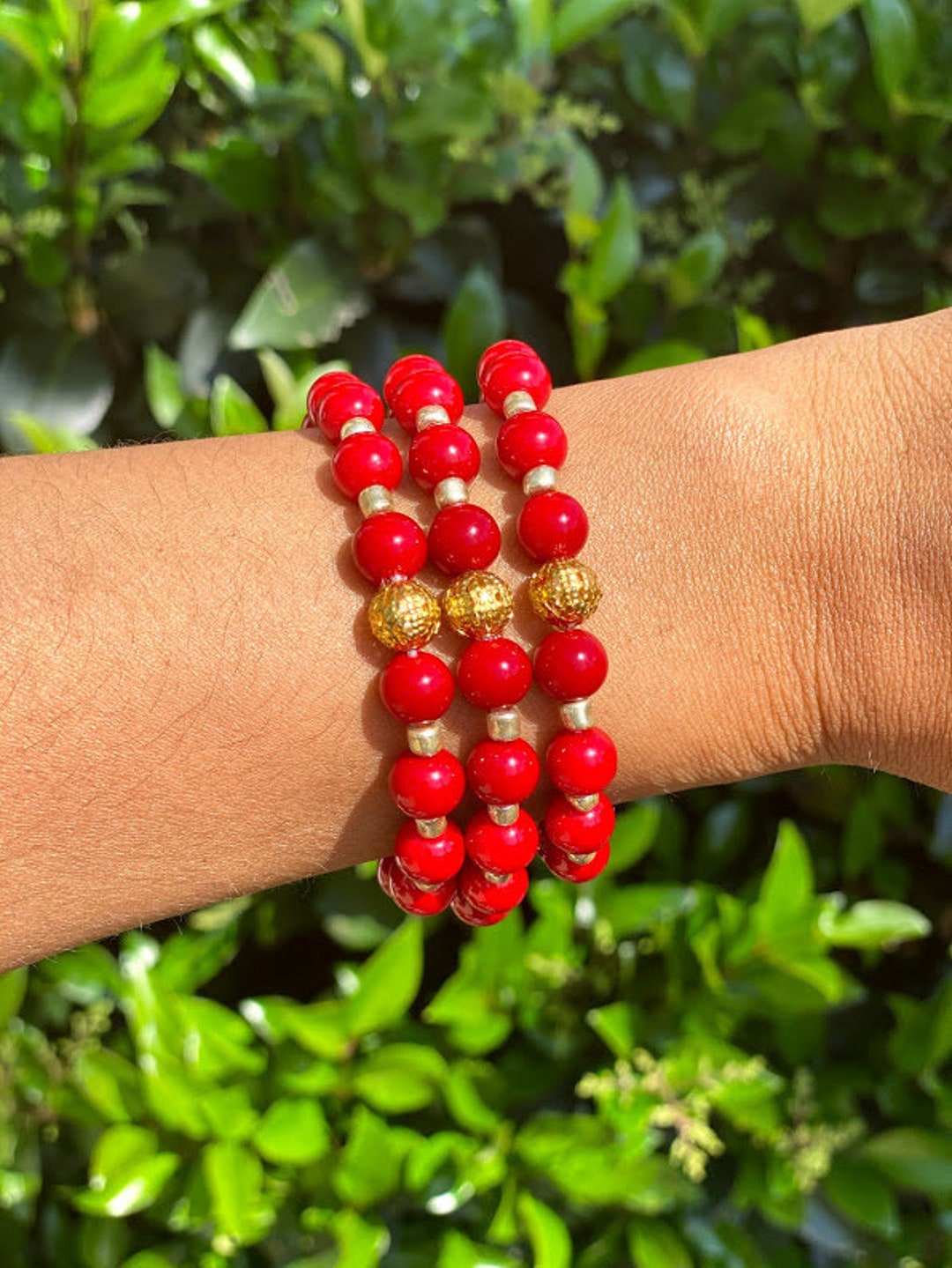 Red and Gold Bead Bracelet Stretch Bracelet Gold Spacers Etsy