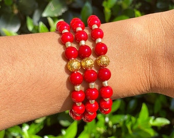 Red and Gold Bead Bracelet || Stretch Bracelet || Gold Spacers || 8mm Beads