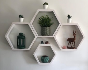 Set of 7 Hexagon Floating Frame. Honeycomb Hanging Shelf