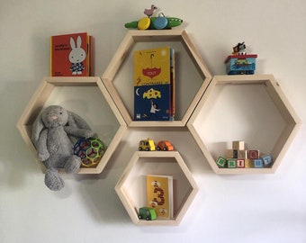 Honeycomb Floating Shelf: Solid Wood Hexagon Wall Decor