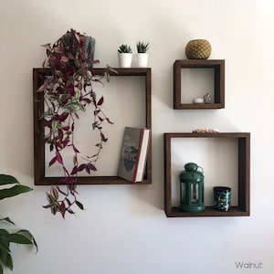 May include: Three wooden shelves in a walnut finish, mounted on a white wall. The top shelf has a small green plant in a white pot, a small green plant in a white pot, and a small gold-colored decorative object. The middle shelf has a book titled "The Stylist's Guide to NYC" and a leafy plant with purple and green leaves. The bottom shelf has a green lantern and a small, cylindrical, green and white patterned container.