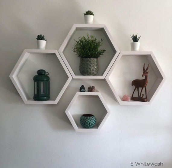 Set Of 5 Hexagon Floating Shelves Solid Wood Honeycomb Wall - Whitewashed Wood Wall Art Hexagon Set Of 5 Hexagon Floating Shelves Solid Wood Honeycomb Wall - Whitewashed Wood Wall Art Hexagon